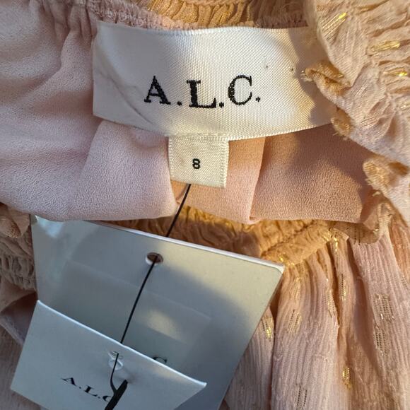 A.L.C. Kaia Halter Neck Blush Smocked Silk Metallic Midi Dress Size 8 NWT - Picture 10 of 10